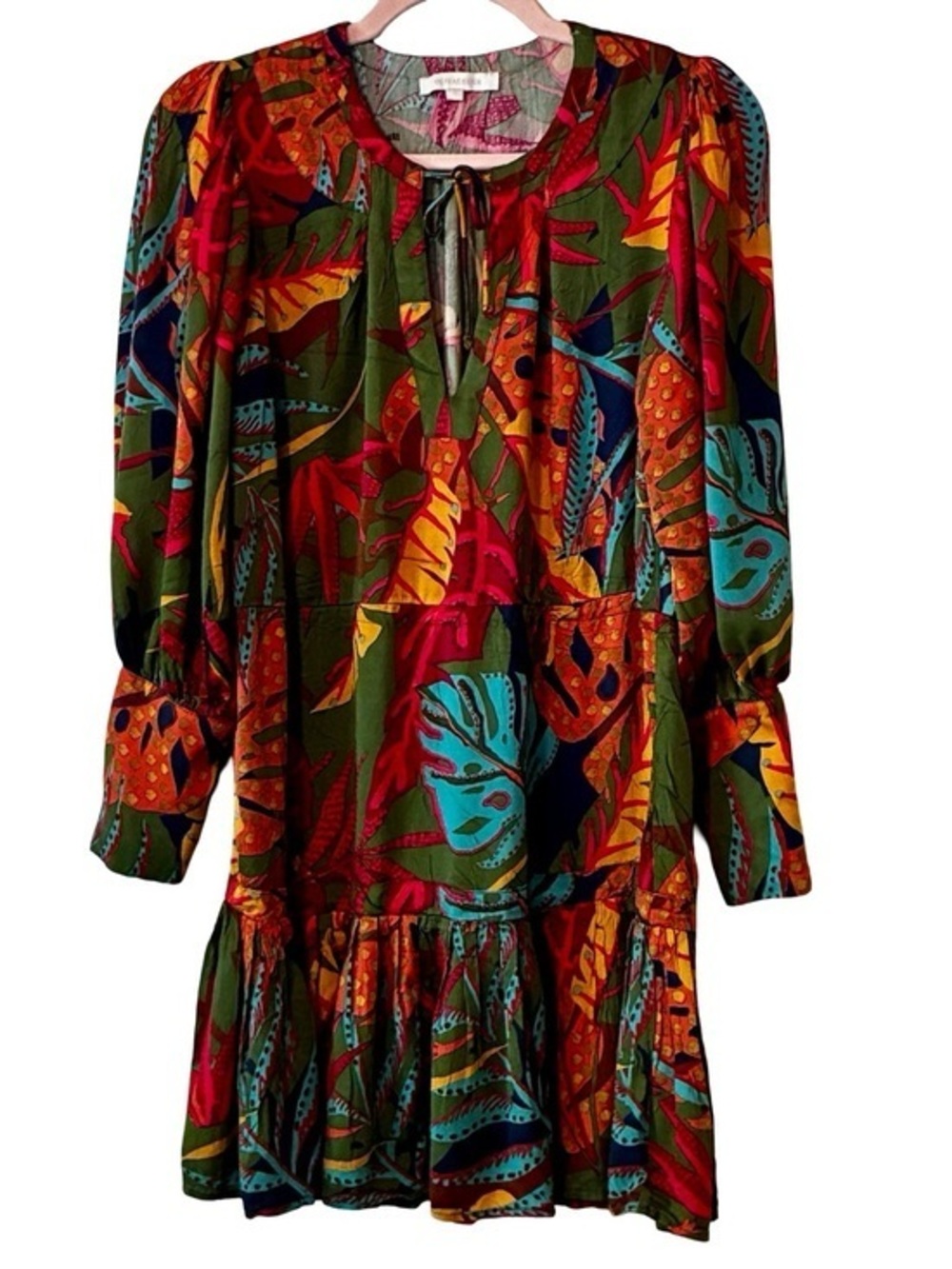 OLIVACEOUS Long-Sleeve Tiered Dress in Tropical Print, Size Small.